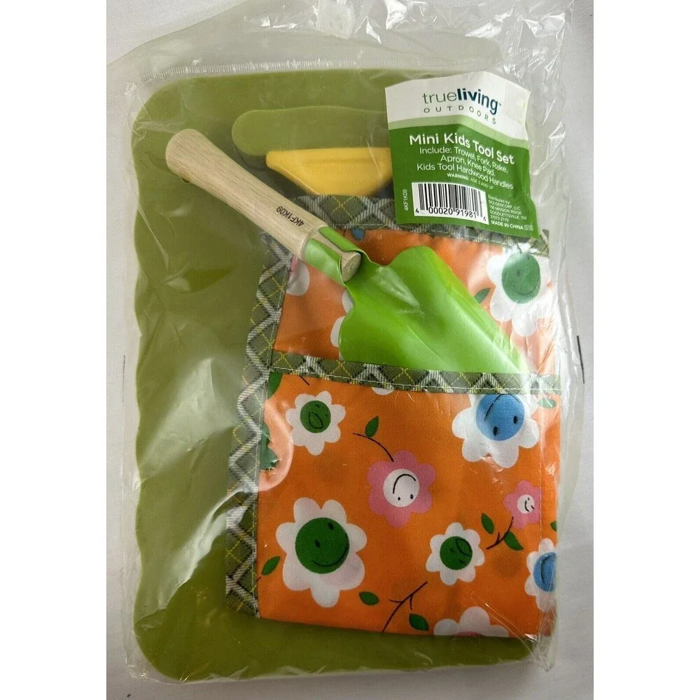 Spring Garden Tool Set Kids Trowel Fork Rake Apron Kneeling Pad Mini Gardening